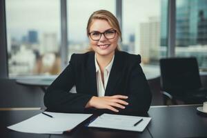 Successful plus-size entrepreneur at her desk AI Generative photo