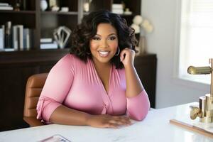 Successful plus-size entrepreneur at her desk AI Generative photo