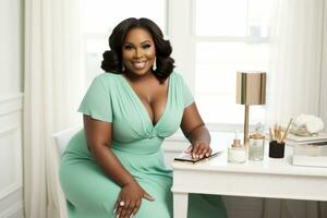 Successful plus-size entrepreneur at her desk AI Generative photo