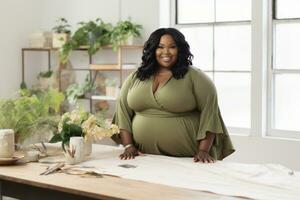 Successful plus-size entrepreneur at her desk AI Generative photo