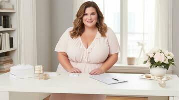 Successful plus-size entrepreneur at her desk AI Generative photo