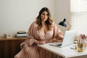 Successful plus-size entrepreneur at her desk AI Generative photo