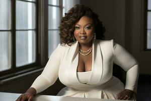Successful plus-size entrepreneur at her desk AI Generative photo