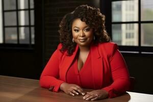 Successful plus-size entrepreneur at her desk AI Generative photo