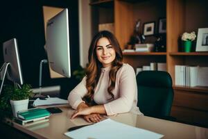 Successful plus-size entrepreneur at her desk AI Generative photo