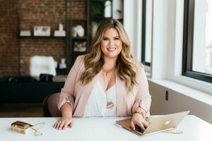 Successful plus-size entrepreneur at her desk AI Generative photo