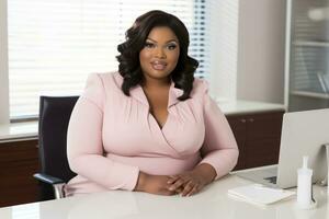 Successful plus-size entrepreneur at her desk AI Generative photo