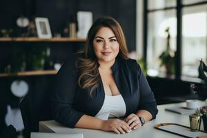 Successful plus-size entrepreneur at her desk AI Generative photo