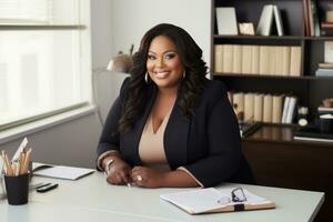 Successful plus-size entrepreneur at her desk AI Generative photo