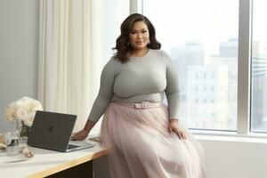Successful plus-size entrepreneur at her desk AI Generative photo