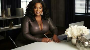Successful plus-size entrepreneur at her desk AI Generative photo