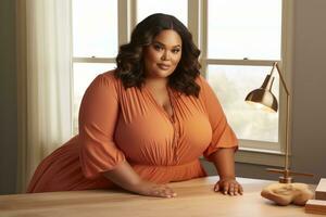 Successful plus-size entrepreneur at her desk AI Generative photo