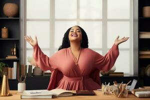 Successful plus-size entrepreneur at her desk AI Generative photo