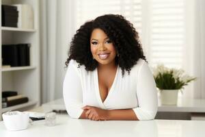 Successful plus-size entrepreneur at her desk AI Generative photo
