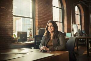 Successful plus-size entrepreneur at her desk AI Generative photo