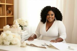 Successful plus-size entrepreneur at her desk AI Generative photo