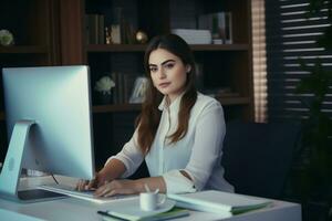 exitoso talla extra empresario a su escritorio ai generativo foto