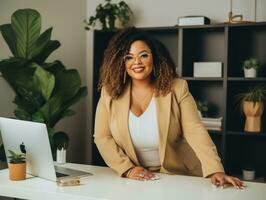 Successful plus-size entrepreneur at her desk AI Generative photo