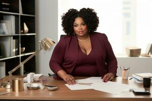 Successful plus-size entrepreneur at her desk AI Generative photo