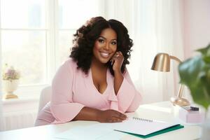 Successful plus-size entrepreneur at her desk AI Generative photo