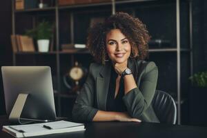 Successful plus-size entrepreneur at her desk AI Generative photo