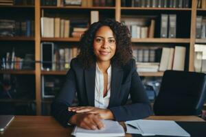 Successful plus-size entrepreneur at her desk AI Generative photo