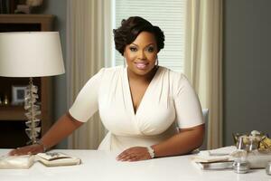 Successful plus-size entrepreneur at her desk AI Generative photo