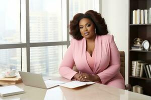 Successful plus-size entrepreneur at her desk AI Generative photo