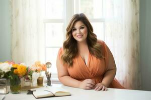 Successful plus-size entrepreneur at her desk AI Generative photo