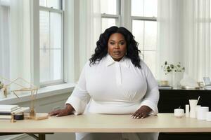 Successful plus-size entrepreneur at her desk AI Generative photo