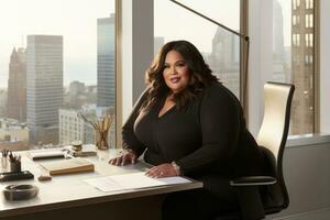 Successful plus-size entrepreneur at her desk AI Generative photo