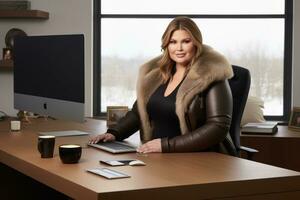 Successful plus-size entrepreneur at her desk AI Generative photo