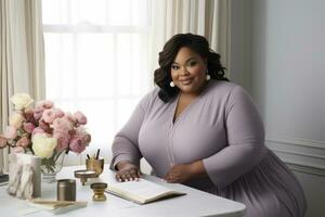 Successful plus-size entrepreneur at her desk AI Generative photo