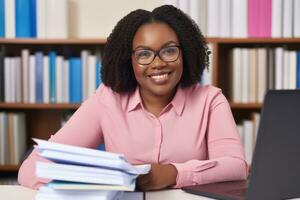 Successful plus-size entrepreneur at her desk AI Generative photo