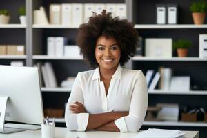 Successful plus-size entrepreneur at her desk AI Generative photo