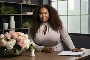 Successful plus-size entrepreneur at her desk AI Generative photo