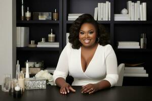 Successful plus-size entrepreneur at her desk AI Generative photo