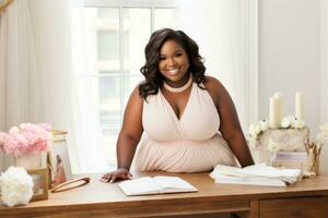 Successful plus-size entrepreneur at her desk AI Generative photo