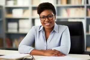 Successful plus-size entrepreneur at her desk AI Generative photo