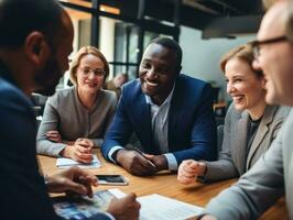 Diverse group of business professionals is engaged in a brainstorming session AI Generative photo