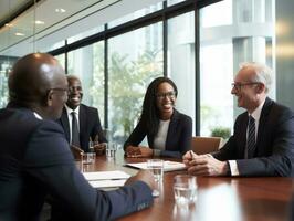 Diverse group of business professionals is engaged in a brainstorming session AI Generative photo