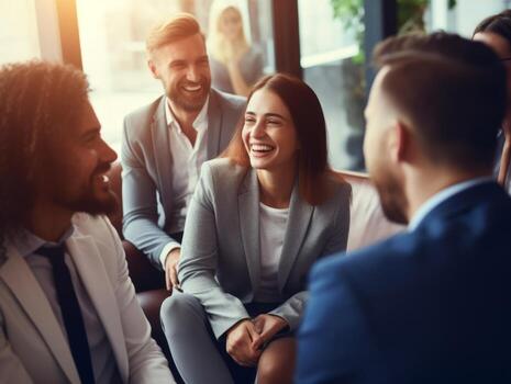 Diverse group of business professionals is engaged in a brainstorming session AI Generative photo