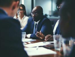 Diverse group of business professionals is engaged in a brainstorming session AI Generative photo