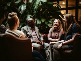 Diverse group of business professionals is engaged in a brainstorming session AI Generative photo