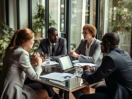 Diverse group of business professionals is engaged in a brainstorming session AI Generative photo