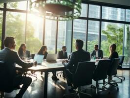 Diverse group of business professionals is engaged in a brainstorming session AI Generative photo