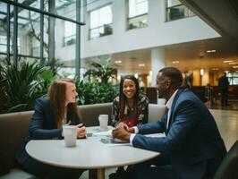 Diverse group of business professionals is engaged in a brainstorming session AI Generative photo