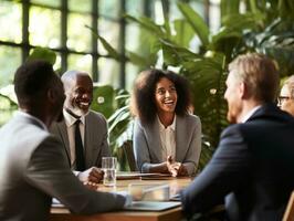 Diverse group of business professionals is engaged in a brainstorming session AI Generative photo