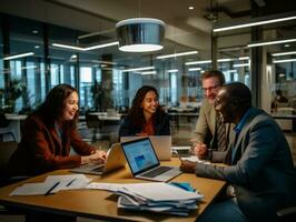 Diverse group of business professionals is engaged in a brainstorming session AI Generative photo