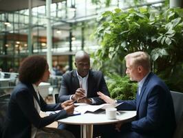 Diverse group of business professionals is engaged in a brainstorming session AI Generative photo